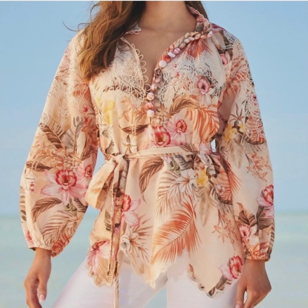 Boston Prpper Floral Peach Lace Trim Blouse